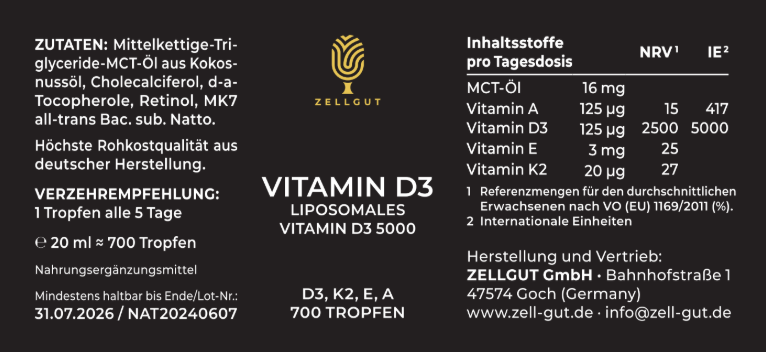 
                  
                    LIPOSOMALES VITAMIN D3 + K2 + A+ E TROPFEN - 700 Tropfen (Familien-Packung)
                  
                